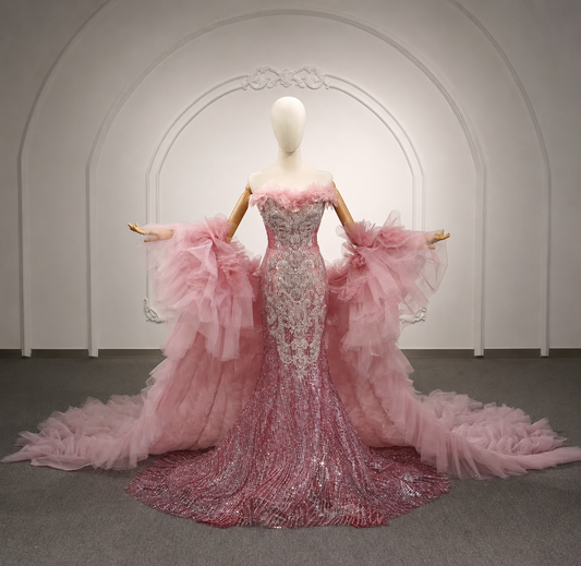Rose Quartz Multi Beaded Strapless Sweetheart Mermaid Formal, Quinceañera, Sweet 16 Gown With Cape