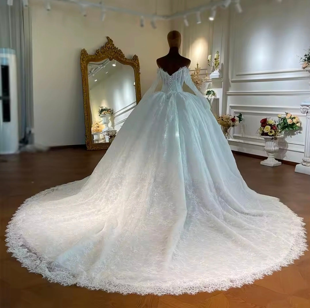 Full Lace Off The Shoulder Sweetheart Corset 2026 Bridal Wedding A-Line Gown With Beautiful Flare Sleeves