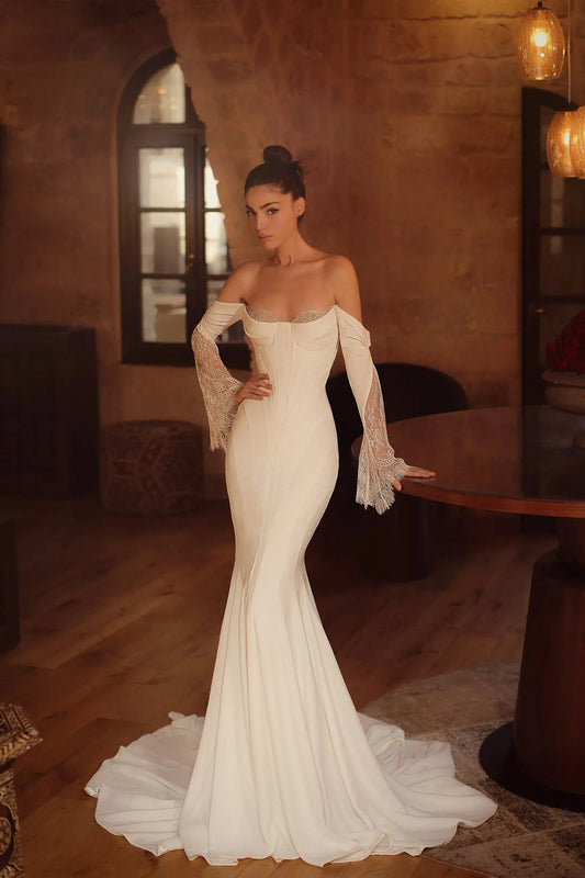 Off The Shoulder Sweetheart 3/4 Sleeve Pleated Corset Sexy Eyelash Lace Underlay Mermaid Bridal Gown
