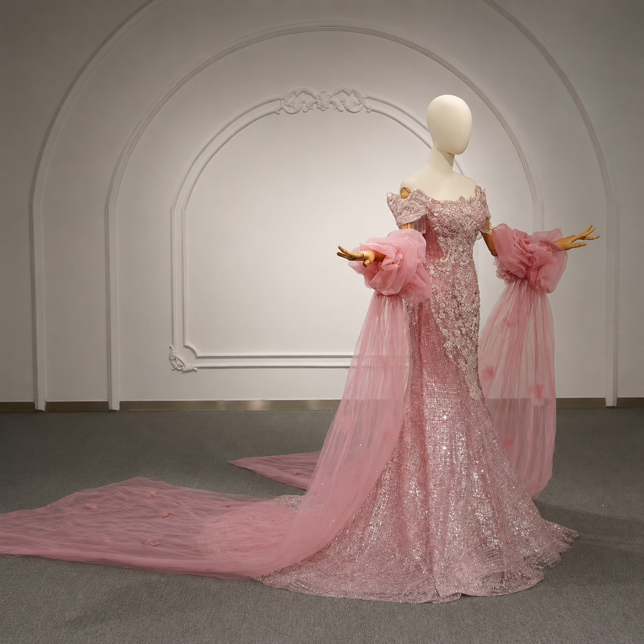 Elegantly Multi Beaded Cap Sleeve Pink Mermaid Quinceañera, Special Occasion, Formal 2026 Gown With Matching Detached Puff Floral Scattered Train Sleeves