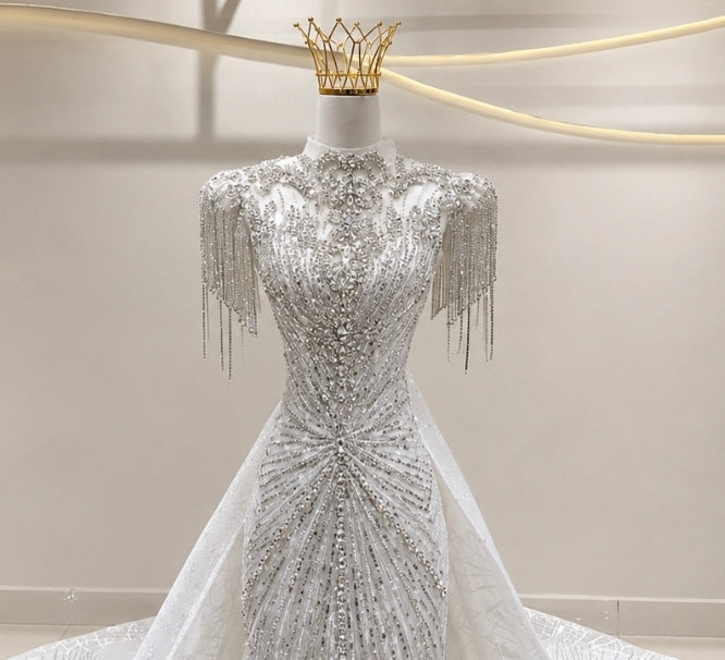2026 2/1 Multi Beaded Draped Cap Sleeve Trumpet Gown With Detachable Train