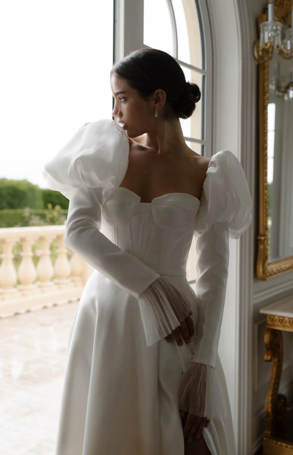Detached Victorian Shoulder Puff To Fitted Satin Sleeves With Pleated Tulle Frill Cuff