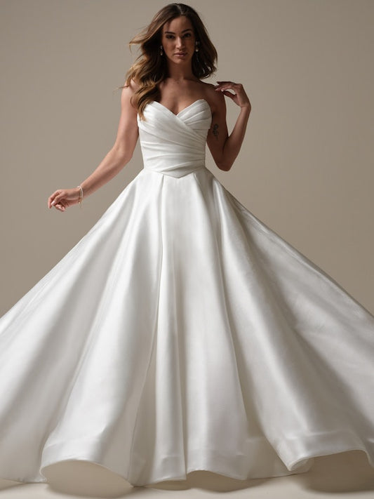 Beautiful Pleated Strapless Corset Satin Bridal Ball Gown With Detached   Bow Detail Arm Train