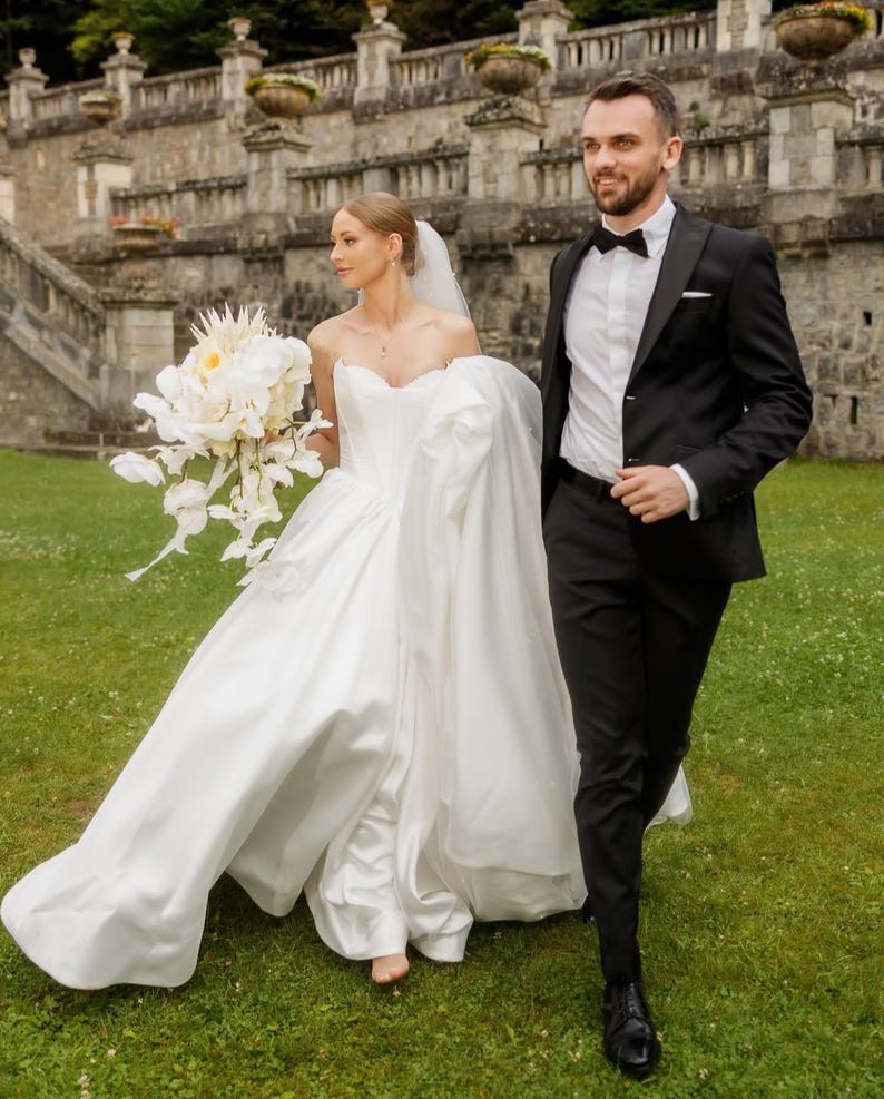 Crystal & Pearl Beaded Underlay Mikado Satin Sweetheart Scoop Neckline Strapless Bridal Ball Gown