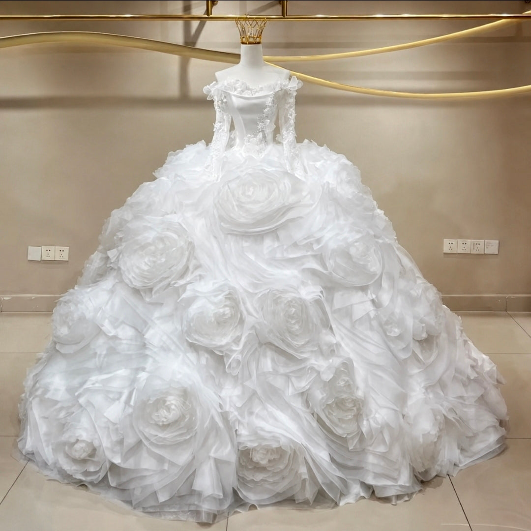 Beautiful Off The Shoulder Ruffled Floral Lace And Appliqués Scoop Neck Long Sleeve Lace A-Line Bridal Ball Gown