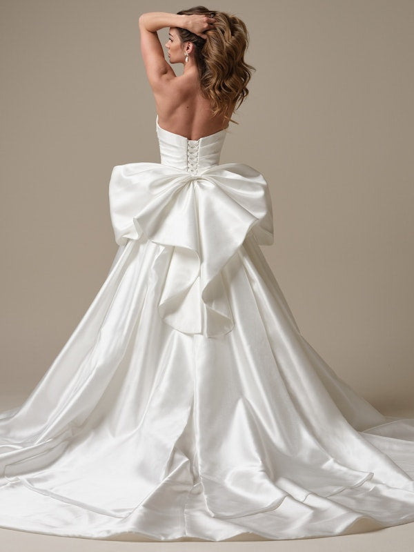 Beautiful Pleated Strapless Corset Satin Bridal Ball Gown With Detached   Bow Detail Arm Train