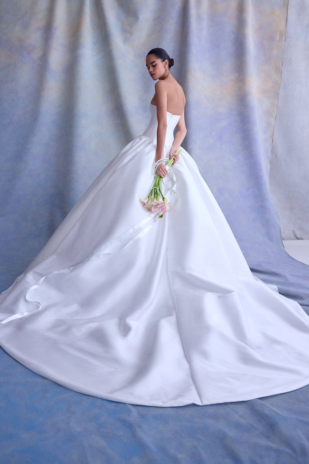Mikado Drop Waisted Bridal Ball Gown With Strapless Notch Bodice Highlighted With Delicate Fabric Bow Detail