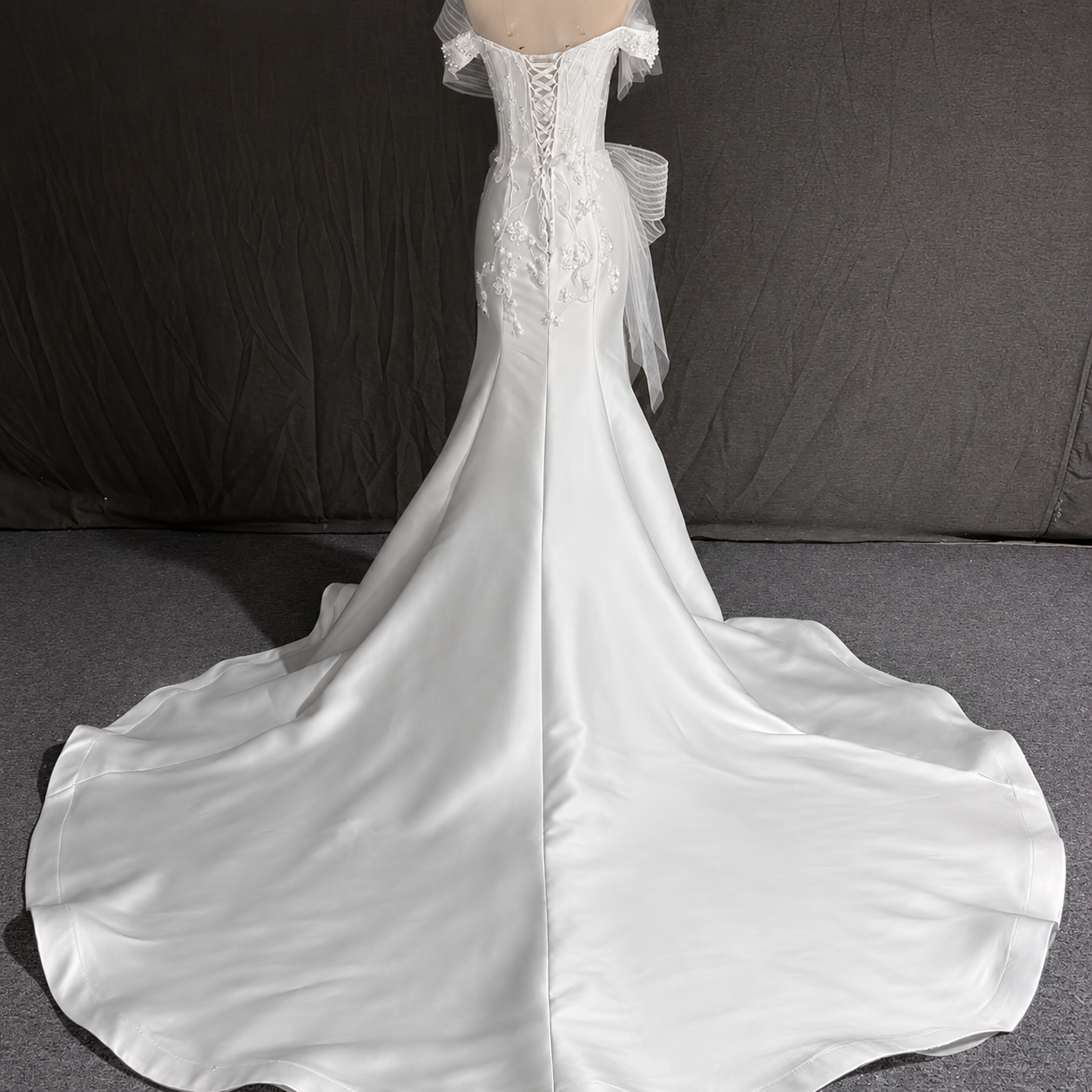 Georgina- Beautiful Off The Shoulder Multi Beaded Sweetheart Satin Trumpet Gown With Pleated Bow Detail
