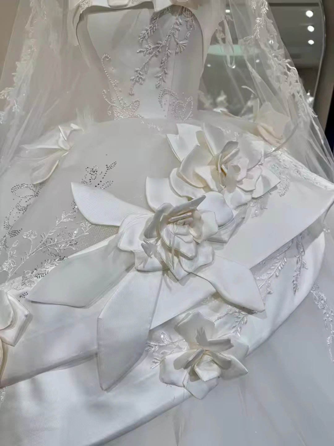 Sweeping And Sweet Bold Floral Detail Ivory Strapless Boat Neck Bridal A-Line Gown