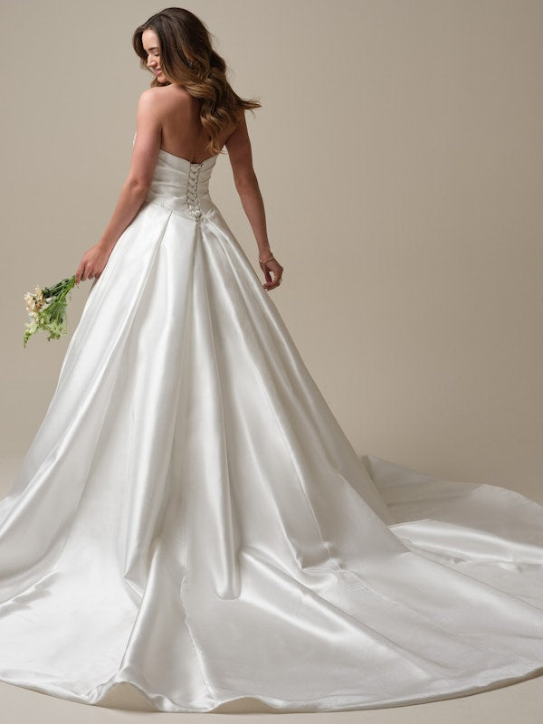 Beautiful Pleated Strapless Corset Satin Bridal Ball Gown With Detached   Bow Detail Arm Train