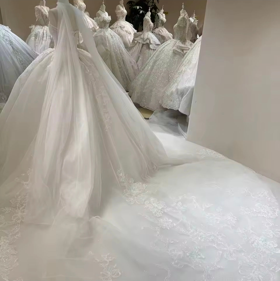 Strapless Boat Neck Beaded Ruched Bodice Detail Floral Sequin Appliqués Ivory Bridal Gown With Detached Flowing Scarf Train