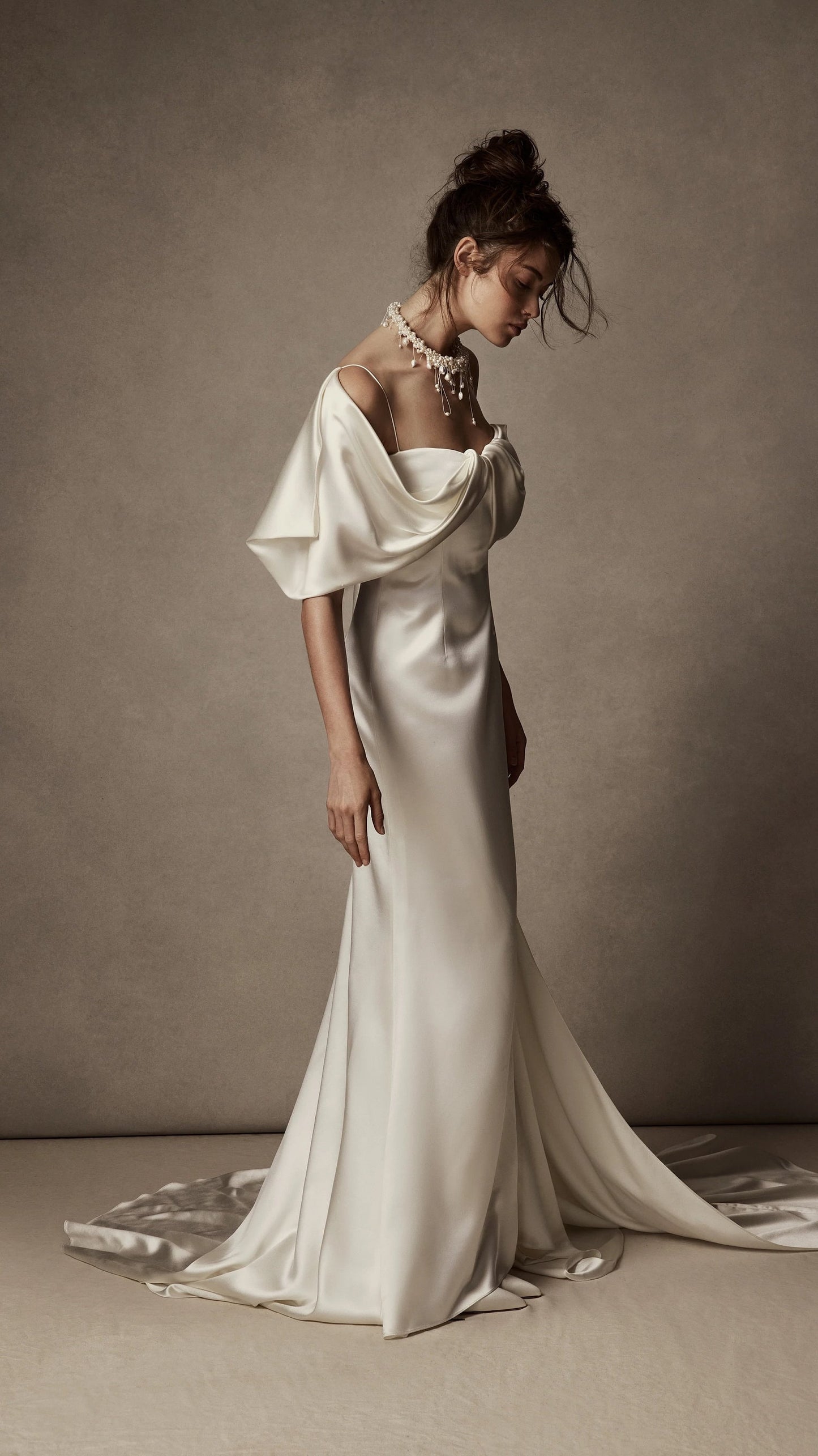 Spaghetti Strap Simply Draped Off The Shoulder Gown With Trailing Train