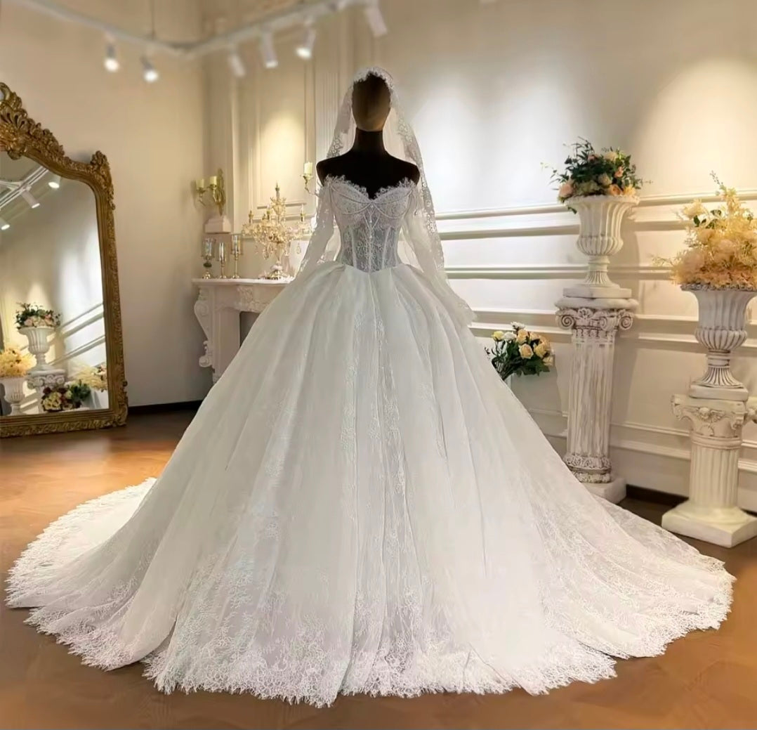 Full Lace Off The Shoulder Sweetheart Corset 2026 Bridal Wedding A-Line Gown With Beautiful Flare Sleeves
