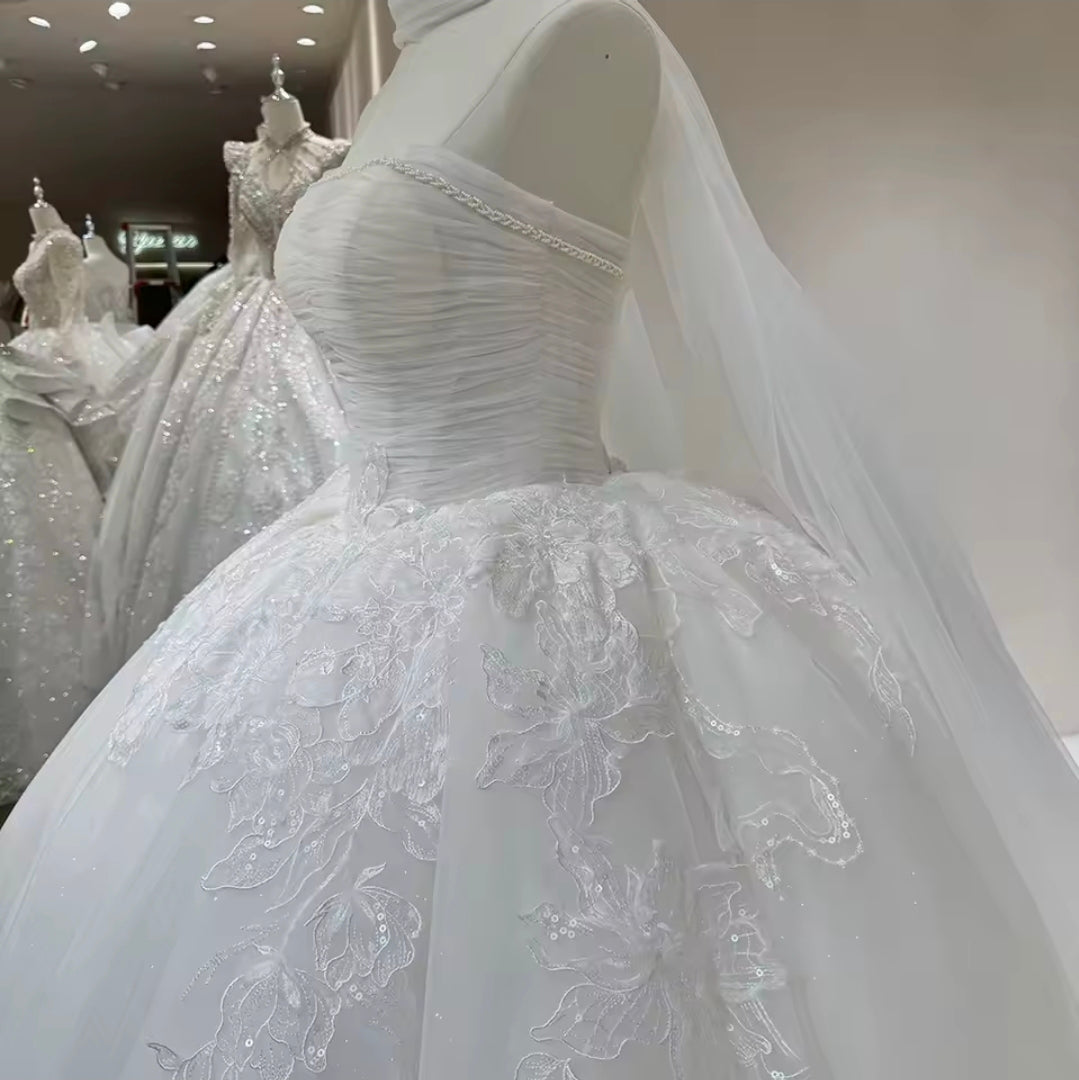 Strapless Boat Neck Beaded Ruched Bodice Detail Floral Sequin Appliqués Ivory Bridal Gown With Detached Flowing Scarf Train