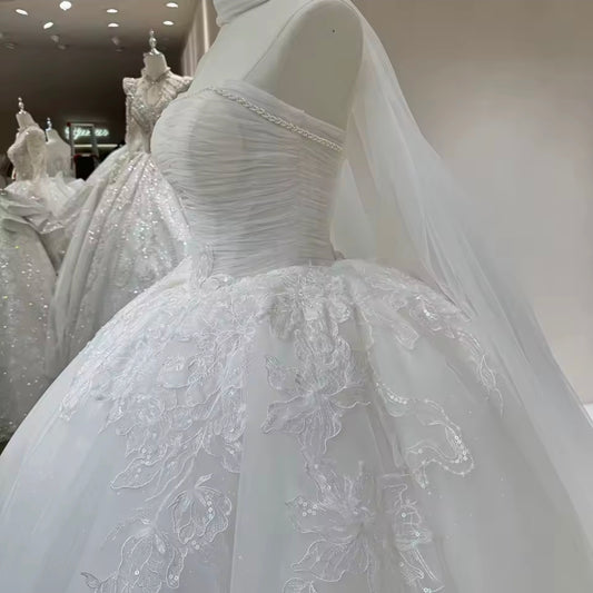 Strapless Boat Neck Beaded Ruched Bodice Detail Floral Sequin Appliqués Ivory Bridal Gown With Detached Flowing Scarf Train