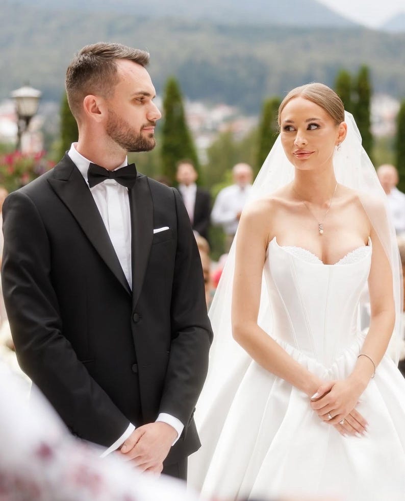 Crystal & Pearl Beaded Underlay Mikado Satin Sweetheart Scoop Neckline Strapless Bridal Ball Gown