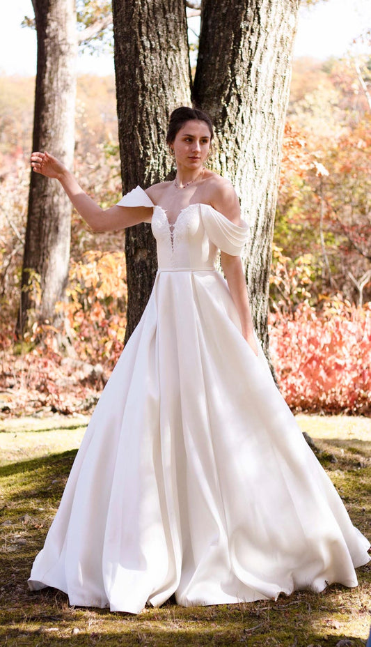 Pleated Off The Shoulder Plunging Sweetheart Floral Appliqué Minimalist A-Line Bridal Gown