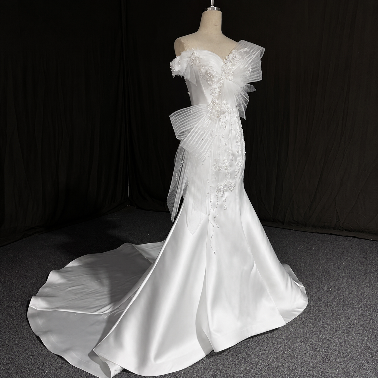 Georgina- Beautiful Off The Shoulder Multi Beaded Sweetheart Satin Trumpet Gown With Pleated Bow Detail