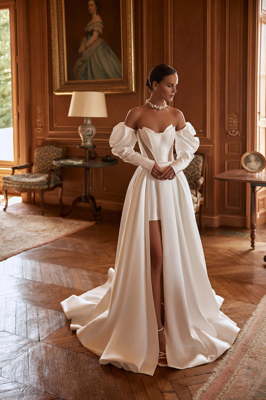Strapless Irregular Layered Scoop Neck Corset Mini Sheath Bridal Gown With Attached A-Line Skirt And Detached Sleeves