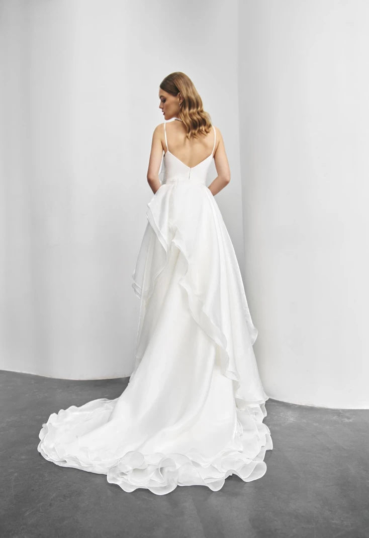 A-Line Silhouette Shiny Organza And Gentle Chiffon Layered Flounce V Neckline With Spaghetti Strap Minimalist Bridal Gown