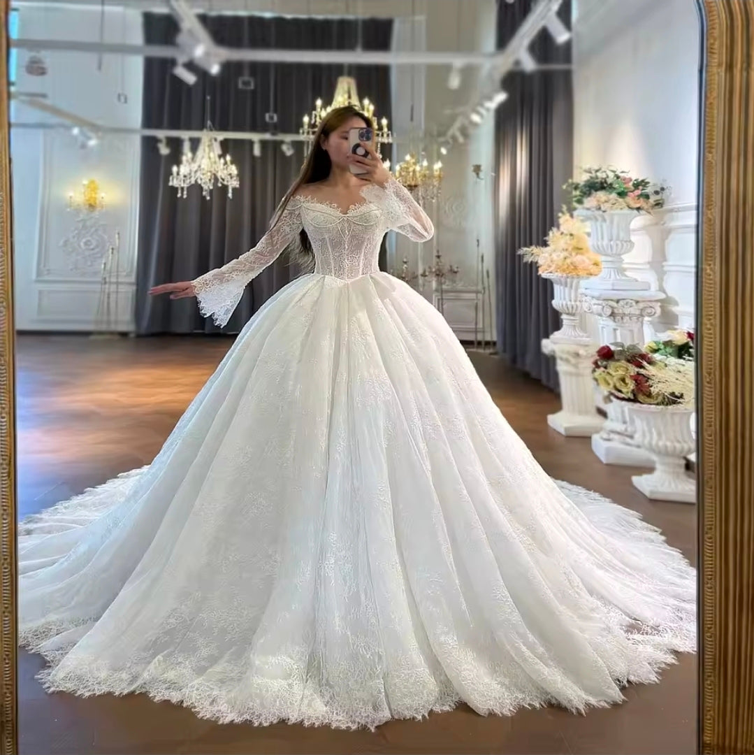 Full Lace Off The Shoulder Sweetheart Corset 2026 Bridal Wedding A-Line Gown With Beautiful Flare Sleeves