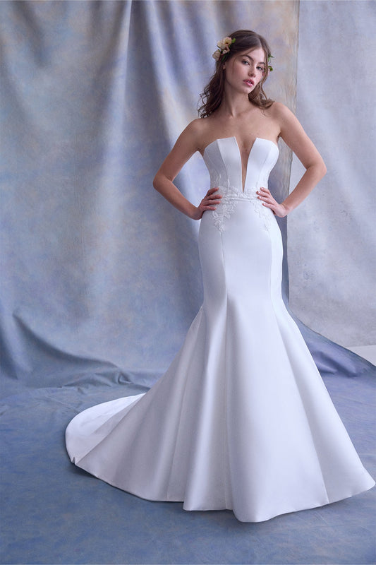 Mikado Trumpet Bridal Gown With Plunging Strapless Neckline And Symmetrical Floral Appliqués