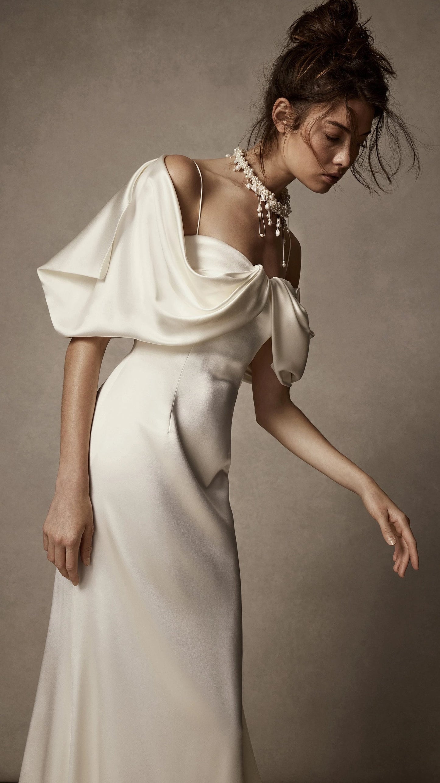 Spaghetti Strap Simply Draped Off The Shoulder Gown With Trailing Train
