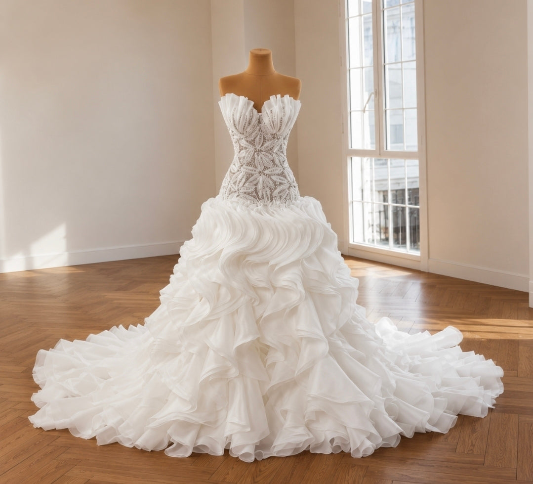 2026 Gorgeous Strapless Multi Beaded Floral Shell Sweetheart Bodice With Layered Skirt Bridal Gown With Lace Up Enclosure