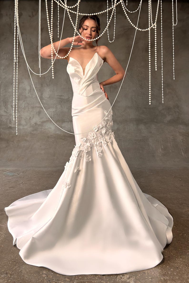 Floral Draped Detail Mikado Satin Strapless Irregular Plunging Trumpet Bridal Gown