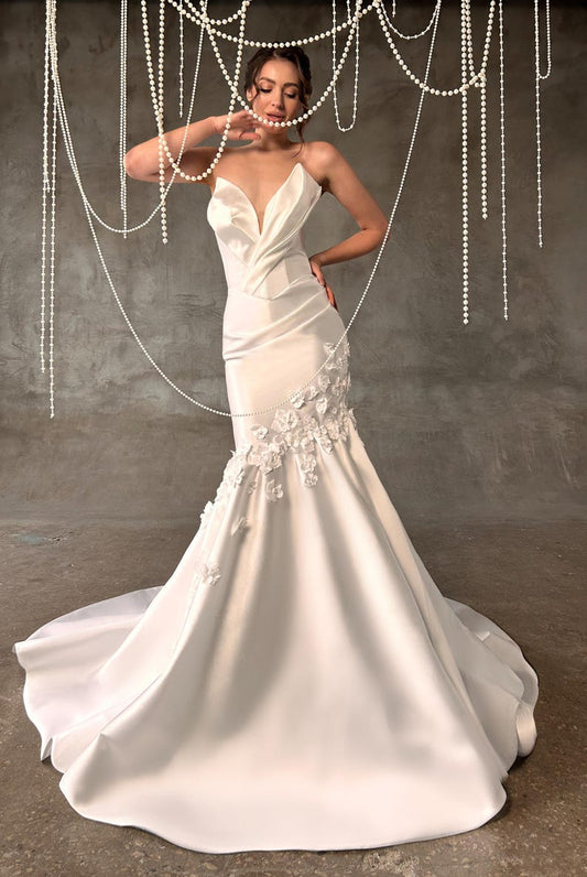 Floral Draped Detail Mikado Satin Strapless Irregular Plunging Trumpet Bridal Gown