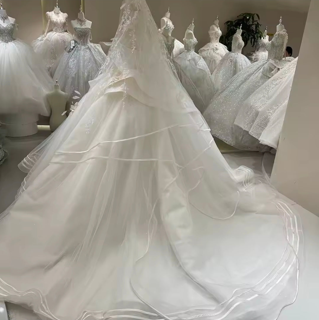 Sweeping And Sweet Bold Floral Detail Ivory Strapless Boat Neck Bridal A-Line Gown