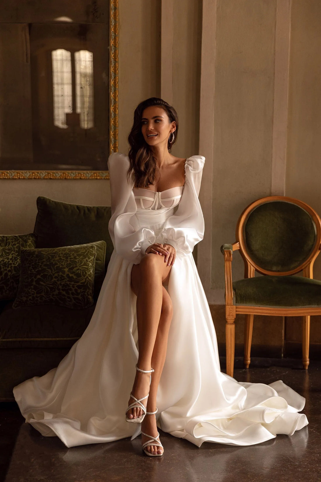 Full Sleeve Minimalist Sweetheart Pleated Corset Bodice A-Line Bridal Gown With Split Hem Front