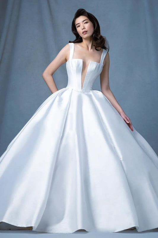 Contoured Strap Sleeveless Bridal Ball Gown With Plunging Square Neckline And Square Back