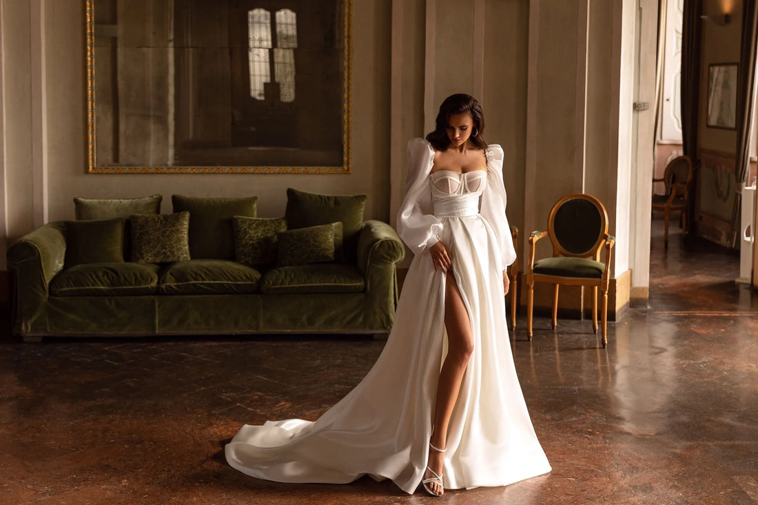 Full Sleeve Minimalist Sweetheart Pleated Corset Bodice A-Line Bridal Gown With Split Hem Front