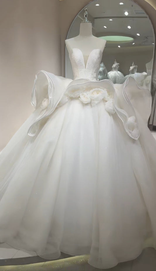Beautifully Sculpted Elegant 3D Floral Ivory Strapless Plunging Neckline Satin Trim Wedding Bridal Gown