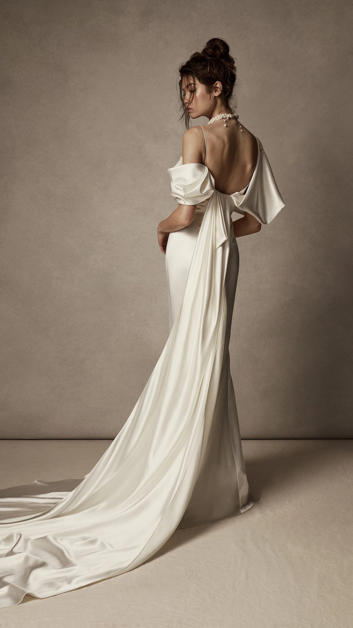 Spaghetti Strap Simply Draped Off The Shoulder Gown With Trailing Train