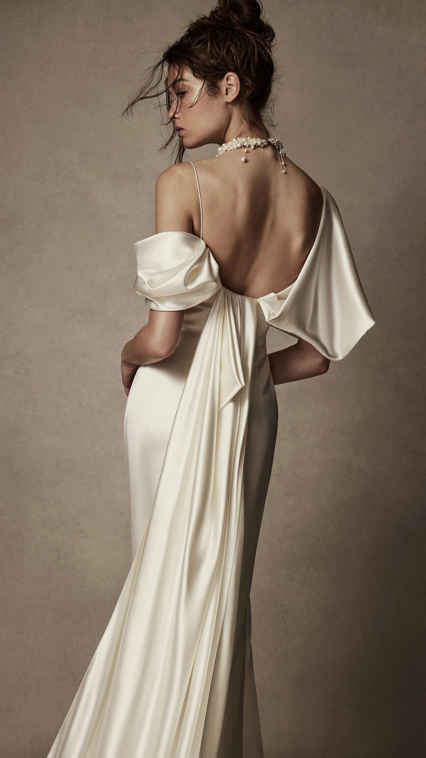 Spaghetti Strap Simply Draped Off The Shoulder Gown With Trailing Train