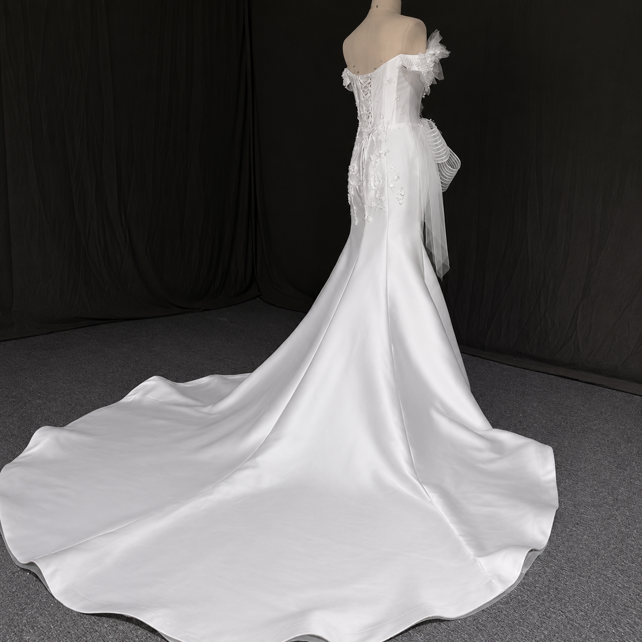 Georgina- Beautiful Off The Shoulder Multi Beaded Sweetheart Satin Trumpet Gown With Pleated Bow Detail