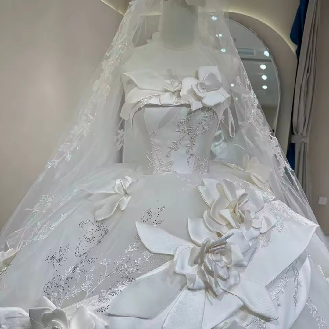 Sweeping And Sweet Bold Floral Detail Ivory Strapless Boat Neck Bridal A-Line Gown