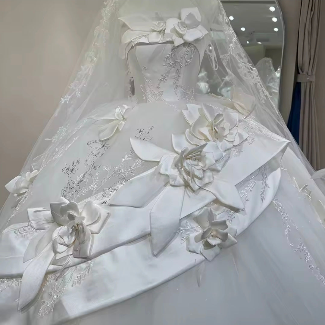 Sweeping And Sweet Bold Floral Detail Ivory Strapless Boat Neck Bridal A-Line Gown