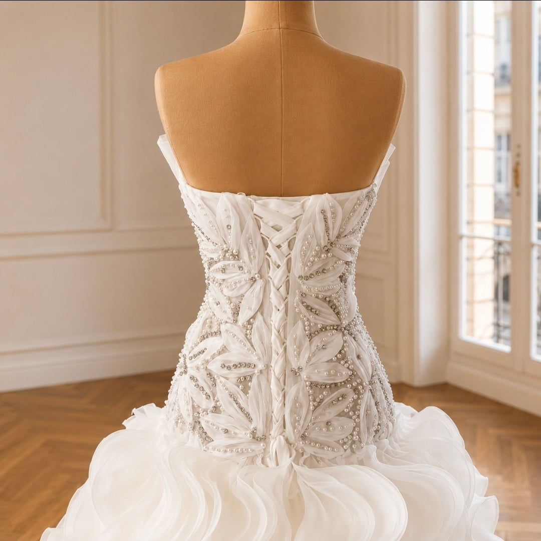 2026 Gorgeous Strapless Multi Beaded Floral Shell Sweetheart Bodice With Layered Skirt Bridal Gown With Lace Up Enclosure