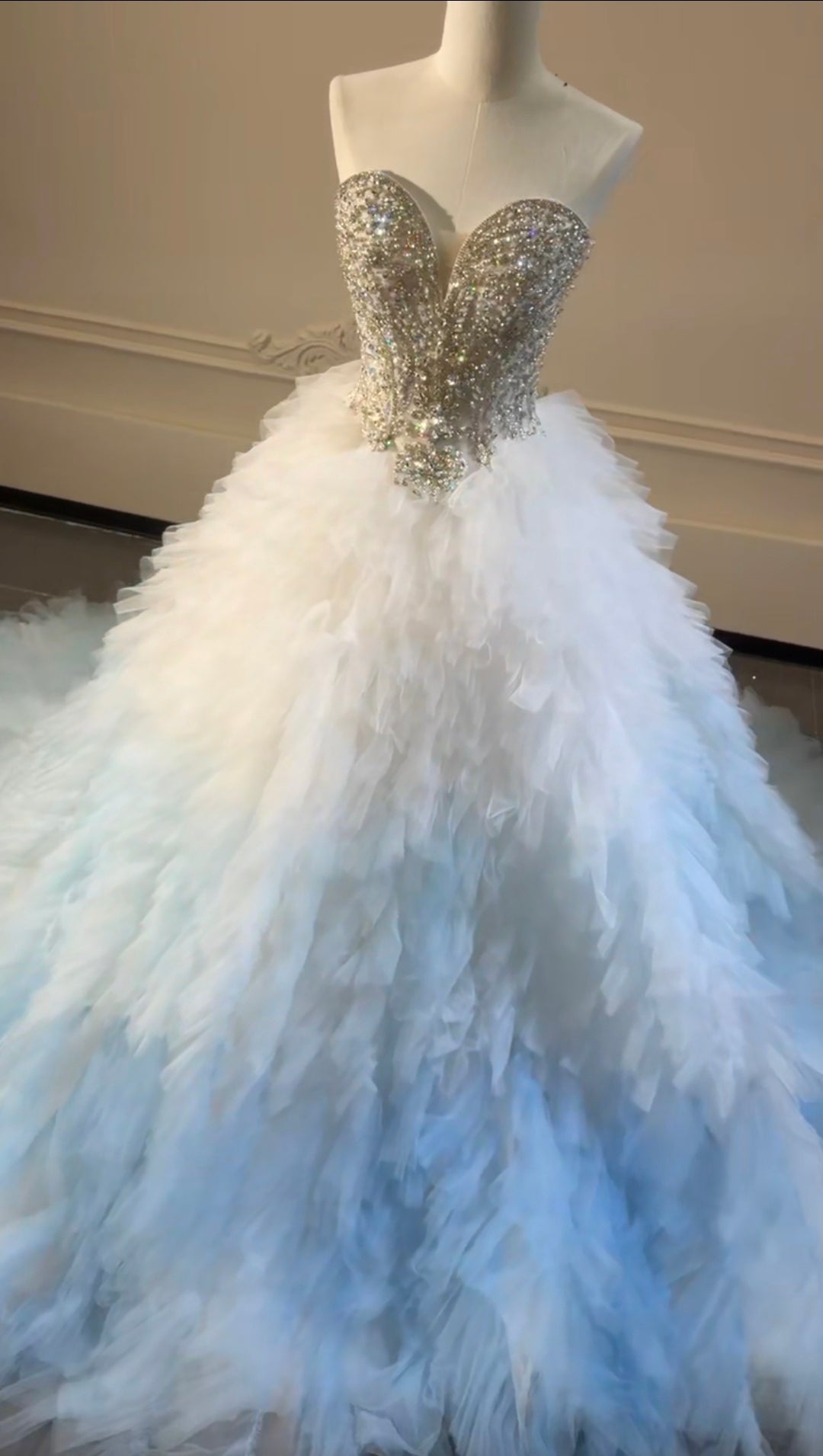 Strapless Multi Beaded Sweetheart Blue Ombre Multi Layered Gown With Lace Up Enclosure