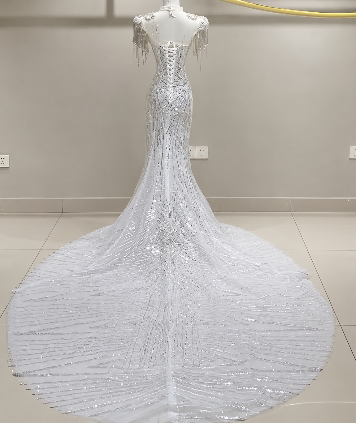 2026 2/1 Multi Beaded Draped Cap Sleeve Trumpet Gown With Detachable Train