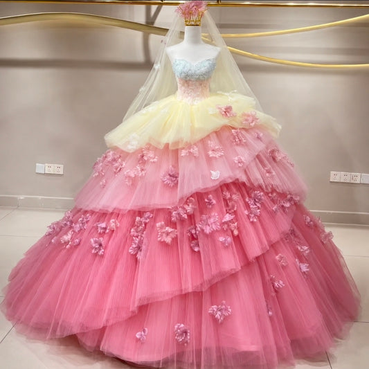 Multi Colored Tiered Floral Scattered 2 In 1 Strapless or Detached Off The Shoulder Sweetheart Sequinned Quinceañera, Special Occasion,  Formal, Pageant, Party A-Line Ball Gown. BONUS* Matching Veil Included