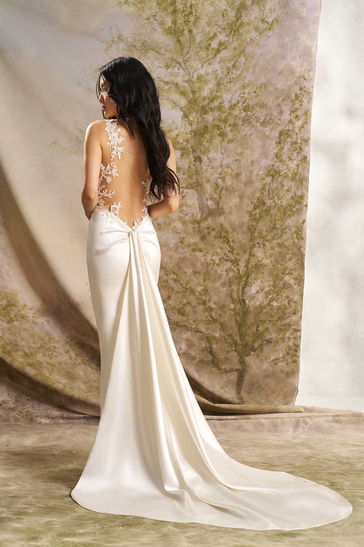 Asymmetrical Illusion Peek-A-Boo Sheath Bridal Gown With Signature Low Back And Detachable Train