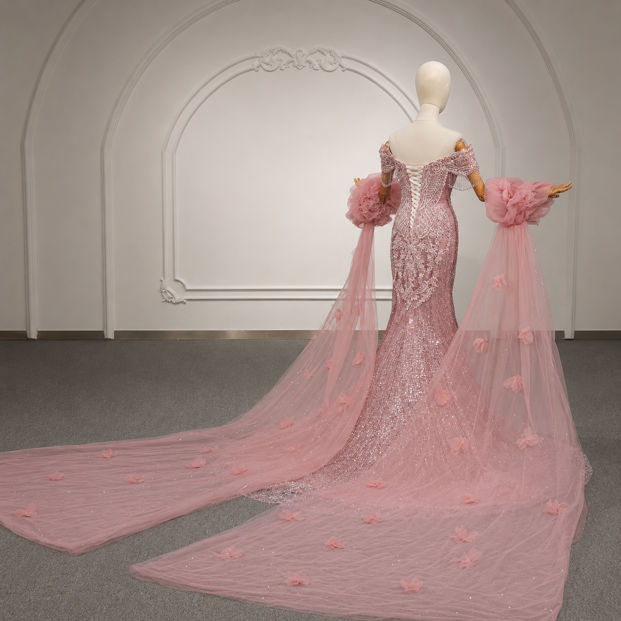 Elegantly Multi Beaded Cap Sleeve Pink Mermaid Quinceañera, Special Occasion, Formal 2026 Gown With Matching Detached Puff Floral Scattered Train Sleeves