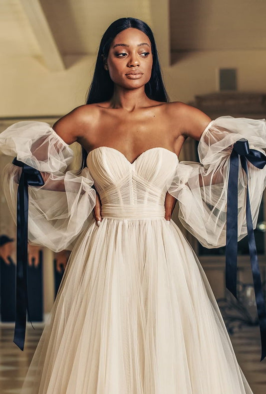 Detached Elbow Gathered Tulle Sleeves With Detached Satin Ribbon