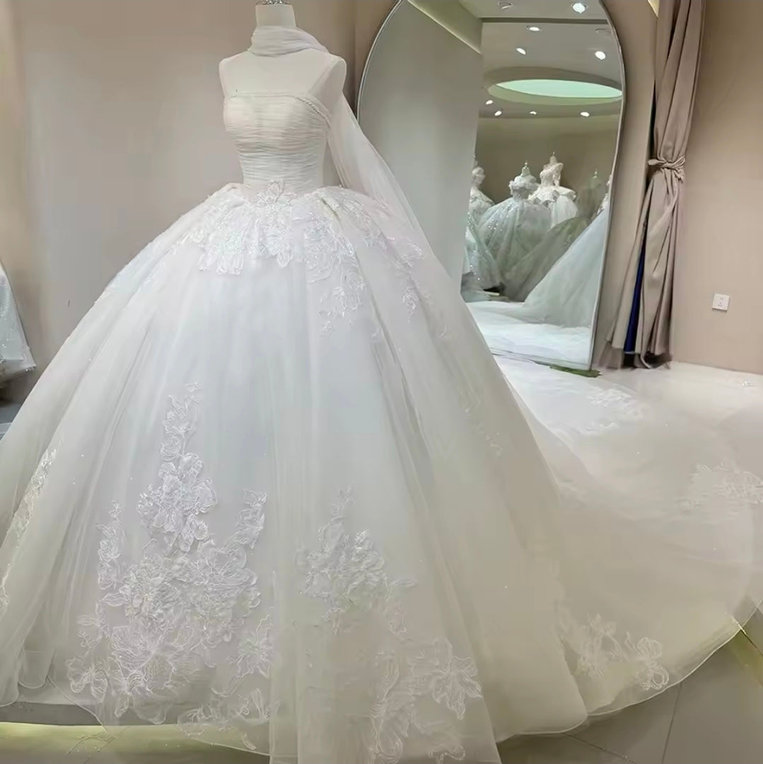 Strapless Boat Neck Beaded Ruched Bodice Detail Floral Sequin Appliqués Ivory Bridal Gown With Detached Flowing Scarf Train