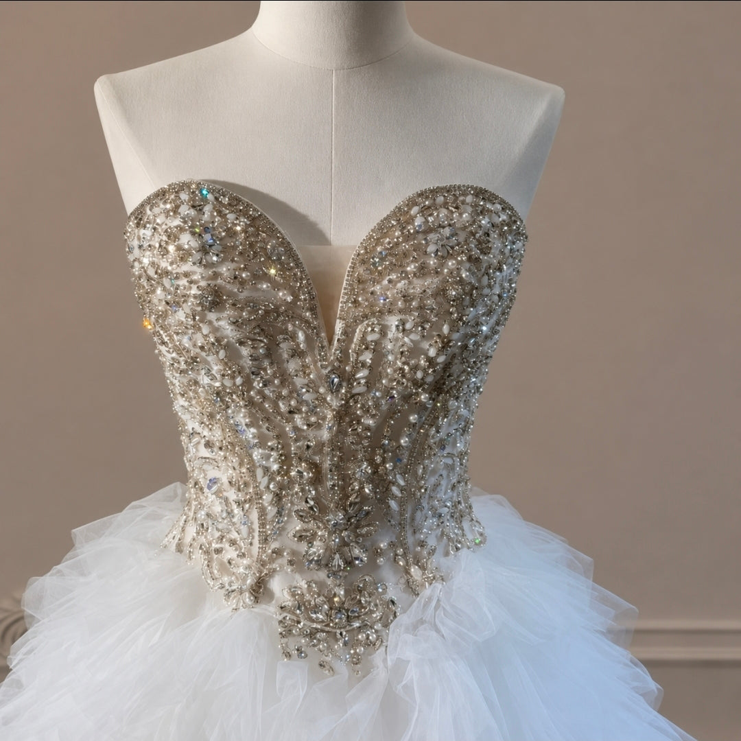 Strapless Multi Beaded Sweetheart Blue Ombre Multi Layered Gown With Lace Up Enclosure