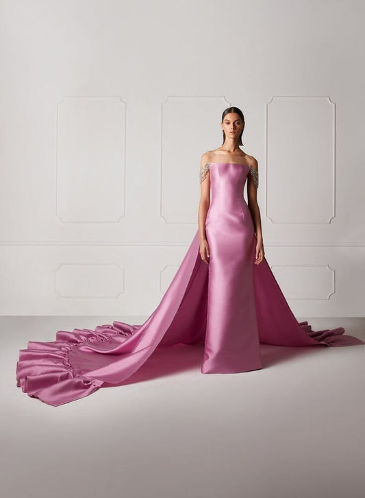 Off The Shoulder Sheath Gown With Ruched Ruffle Back And Long Trailing Ruffled Edge Trim Train